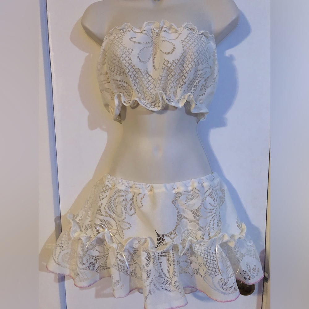 Vintage Daisy Lace Ruffle Mini Skirt Crop Top Beach Cover Up Costal Coquette